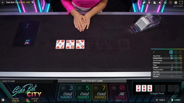 Side Bet City Evolution Gaming review straight flush