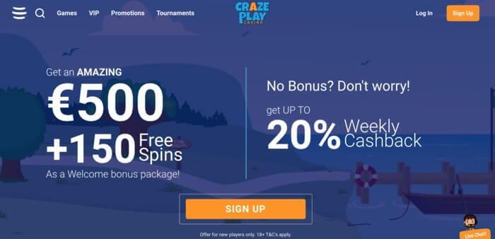 Homepage van CrazePlay Online Casino