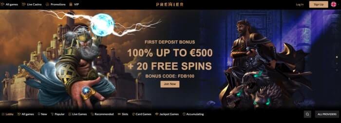 De homepage van online casino premier