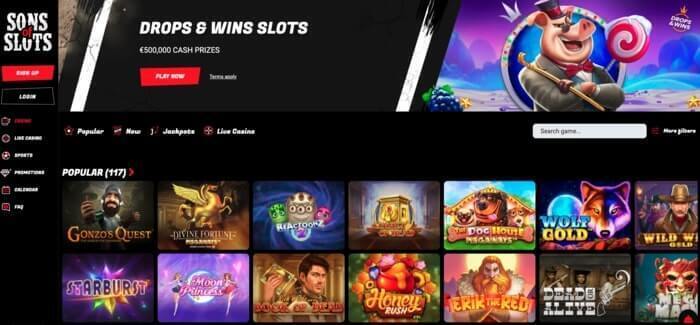 De homepage van Sons of Slots Casino