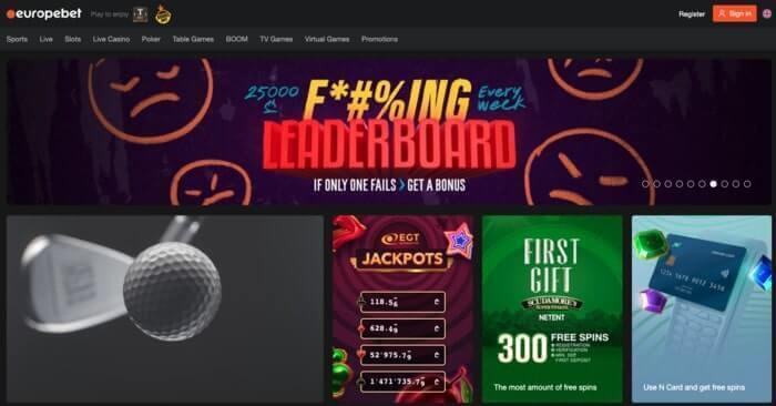 De homepage van Casino Europebet