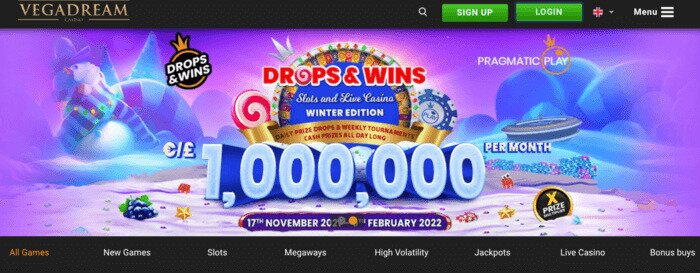 De homepage van Vegadream Online Casino