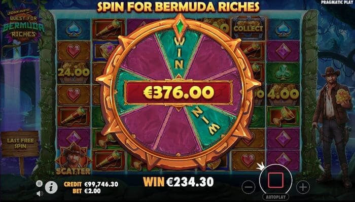 screenshot van een winst in de john hunter and the quest for bermuda riches slot