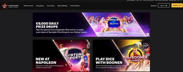 De homepage van Napoleon Games Casino 