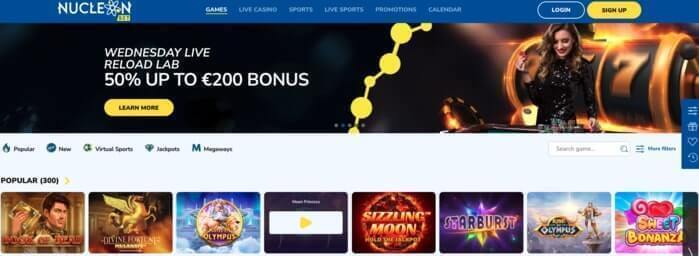 Homepage van Nucleonbet Casino