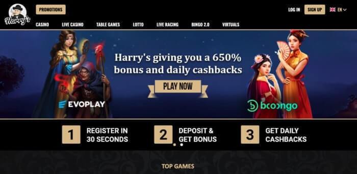 De homepage van playatharrys casino