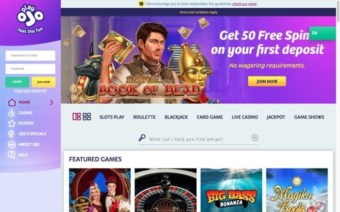 PlayOJO Casino Homepage