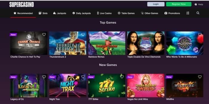 Homepage van SuperCasino