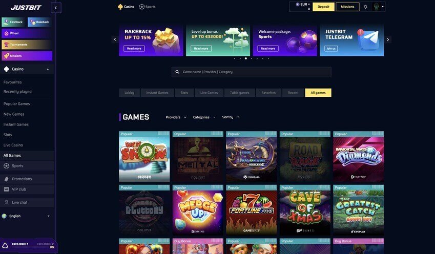 Justbit Online Casino spellen aanbod