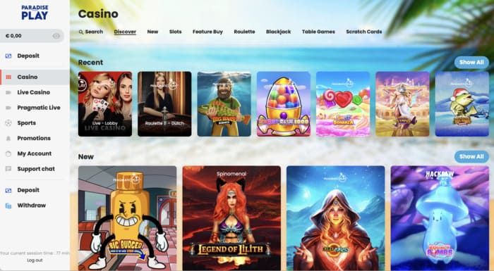 Paradise Play Casino Homepage