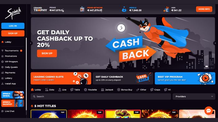 Spinch Casino homepage