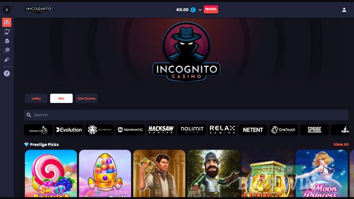 Homepage van Incognito Casino 